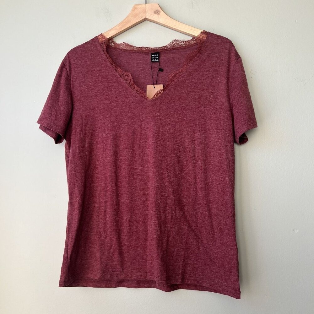 Shein Womens Lace Trim V-Neck Short Sleeve Top M Red